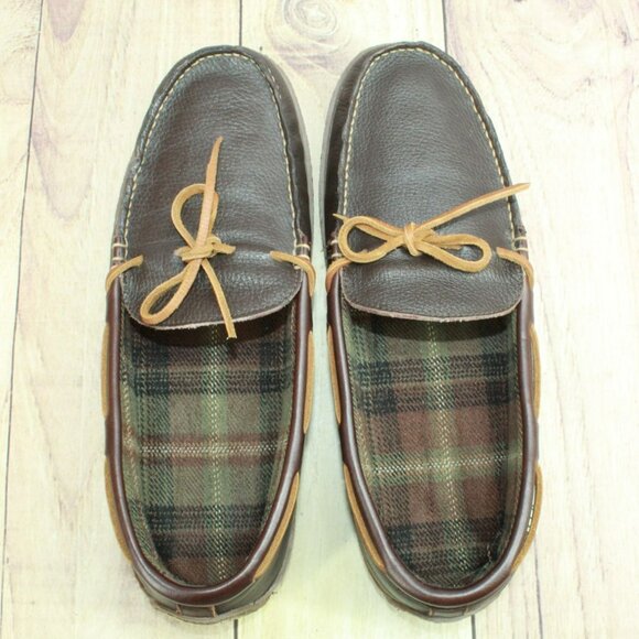 LL Bean Brown Leather Flannel Lined Handsewn Moccasin Slippers Size 13 M - Picture 7 of 9